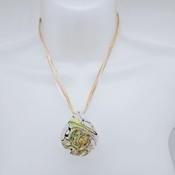 Art Glass Pendant Necklace Lamp Work Foil Swirl Green Copper Ribbon Cord Chain - Picture 5 of 10